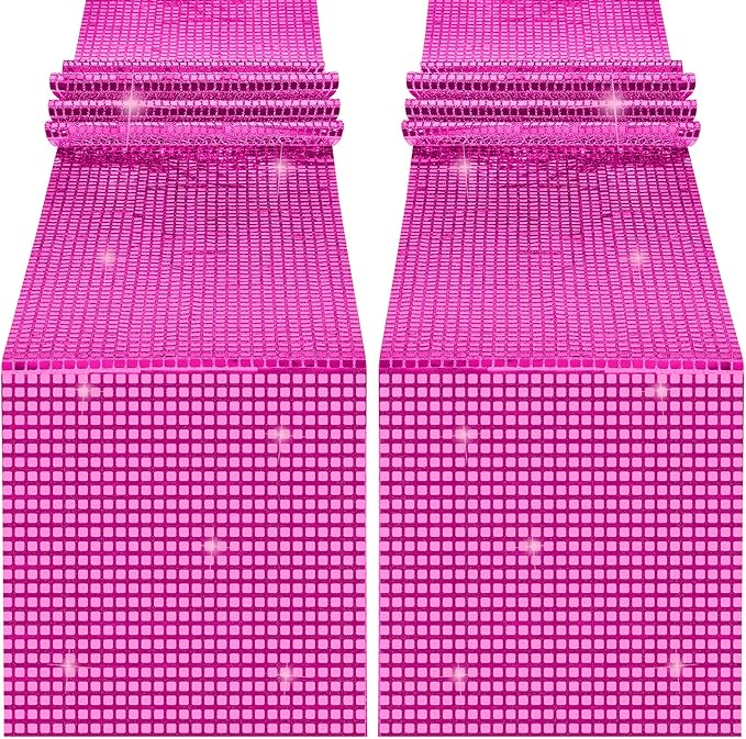 Durony 2 Pack Disco Table Runner 11 x 108 Inch Mirror Hot Pink Glitter Foil With Sparkle Sequin for Bachelorette, 70s, Cowgirl Party Decorations