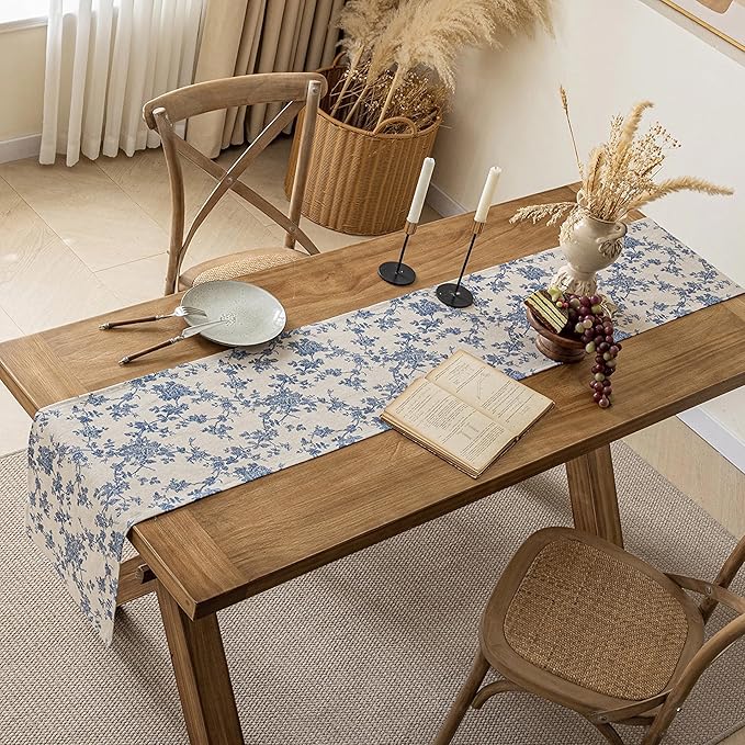 Pastoral Table Runner - 14 x 72 Inch Rectangle - Beige Linen - Washable Tabletop with Dust-Proof Wrinkle Resistant for Restaurant, Picnic, Indoor and Outdoor Dining, Floral (Dark Blue)