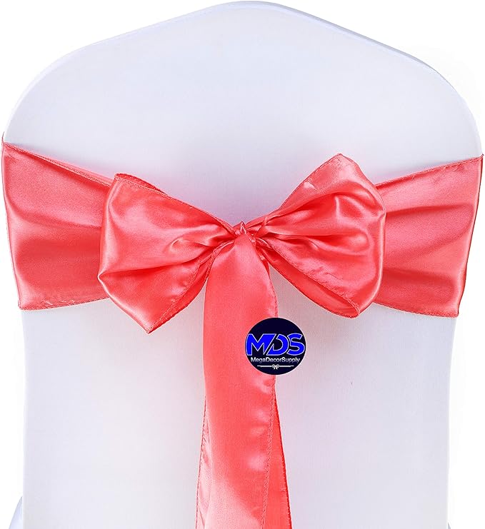 MDS Pack of 50 PCS Satin Chair Sashes Charmeuse Sateen Dining Chair Bows Ribbon Ties Back Sash for Wedding Party Birthday Home Hotel Restaurant Banquet Decoration (7 x 108 Inch, Coral)