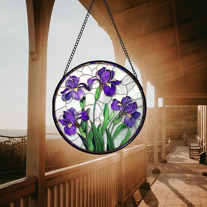 Stained Glass Window Hanging - Purple Iris Flower Sun Catcher for Door Terrace Garden Home Decor, Green Plants Suncatcher Birthday Gifts for Lovers Women Men Dad Mom Nana 7.8 in