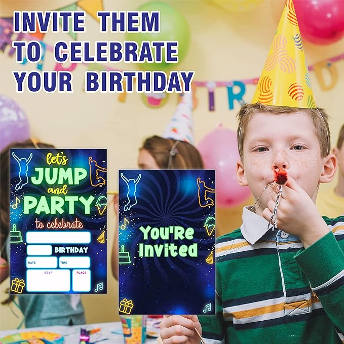 Glow Trampoline Birthday Invitations, Let's Jump & Party Birthday Invite Cards（20 Count) With Envelopes, Neon Double-Sided Fill In Style Invite Cards For Boys & Girls, Birthday Party Supplies-B07