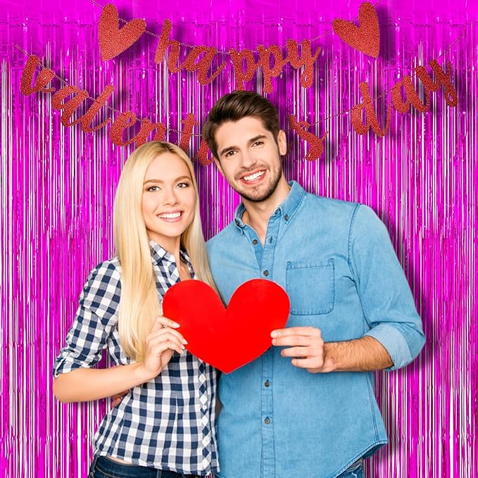 Foil Fringe Curtain Party Decorations - Hot Pink Photo Backdrop Tinsel Steamers Curtains for Tropical Hawaiian Theme Birthdays Christmas Valentine Bachelorette Parties