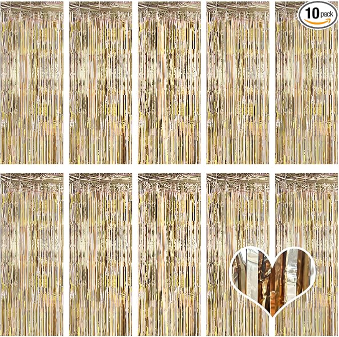 10 Pack Champagne Gold Backdrop Curtain 3.2ft x 8.2ft Metallic Tinsel Foil Fringe Curtains Photo Booth Background for Birthday Party Decoration Engagement Wedding Christmas Decor (Champagne Gold)