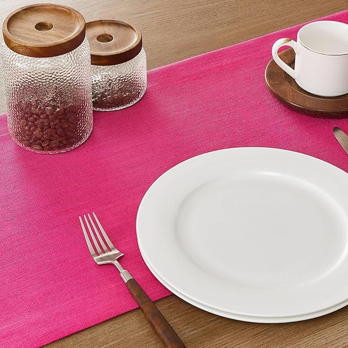 ZeeMart Linen Textured Border Table Runner, 14 x 108 Inch Hot Pink, Farmhouse Style Pink Table Runners 108 Inches Long, Easy Care Everyday Polyester Table Runner