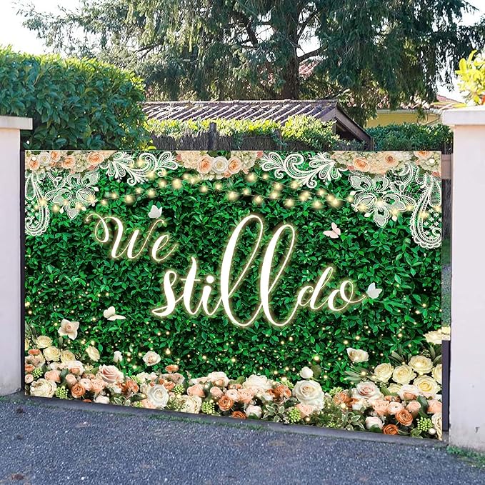 We Still Do Backdrop Green Leaves Lace Wedding Anniversary Photography Background Engagement Vow Renewal Bachelorette Party Decoration Banner Photo Booth Studio Props 10x7ft FU065YL