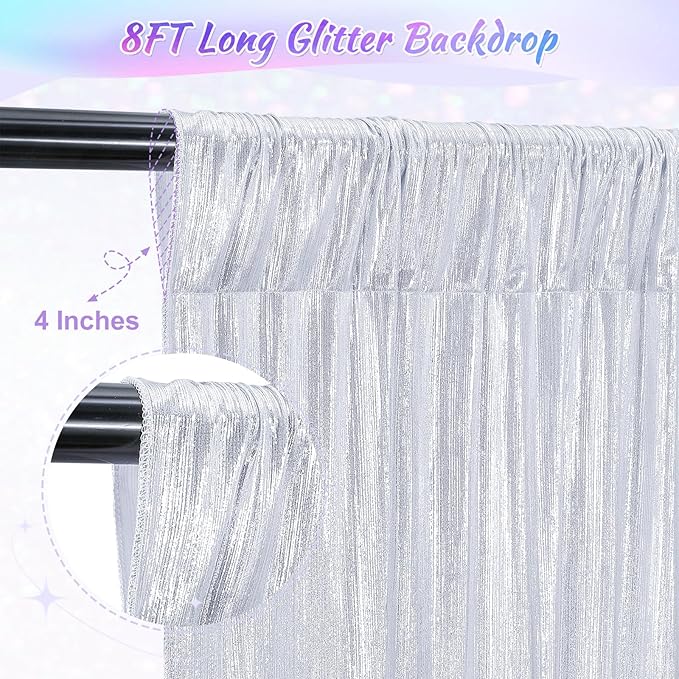 Silver Photo Backdrop 2 Panels 4.8x8FT Long Backdrop Drapes Curatin Glitter Sequin Background with Rod Pockets for Party Birthday Wedding Photography
