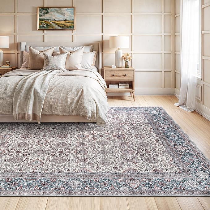Bloom Rugs Washable Non-Slip 9' x 12' Rug - Teal/Blue/Beige Traditional Oriental Area Rug for Living Room, Bedroom, Dining Room, and Kitchen - Exact Size: 9' x 12'
