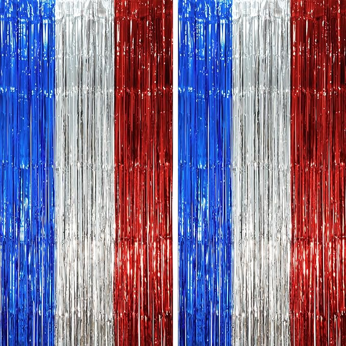 2 Pack Blue Red Silver Foil Fringe Backdrop Curtains, Tinsel Streamers Party Decorations, Fringe Backdrop, Door Shimmer for Independence Day or Birthday Party