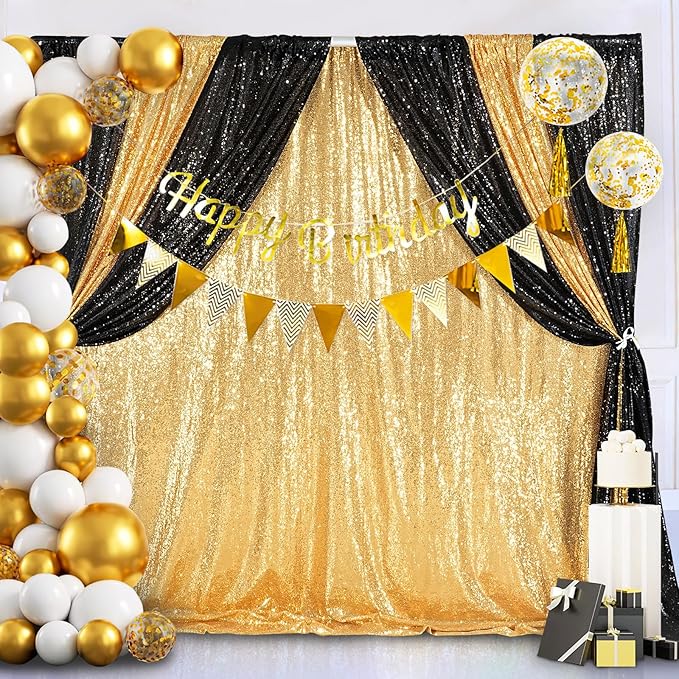7ft x 7ft Gold Sequin Backdrop Curtain Glitter Photo Booth Backdrop for Wedding Birthday Baby Shower Event Decorations