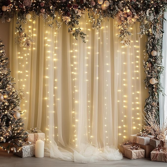Tulle Backdrop Curtain with Lights String 20 X 8FT Champagne Sheer Tulle Backdrop Curtains for Wedding Birthday Party Reception Photo Booth Background Decorations (4 Panels 5x8FT)