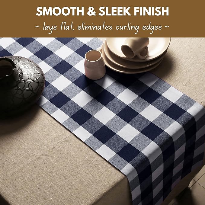 Native Fab Table Runner Buffalo Check Plaid 100% Cotton - 13x90 Inches Kitchen Dining Table Decoration for Indoor Farmhouse Home Decor - Navy Blue and White