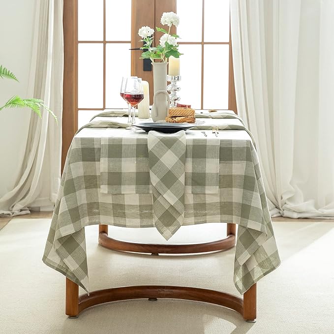 EVERLY 100% Yarn-Dyed Linen Rectangle Tablecloths 60x144Inches for Dining,Buffet Parties,Picnic,Events and Restaurants,Decorative Halloween,Thanksgiving Machine Washable Tablecloths-Sage Green Plaid