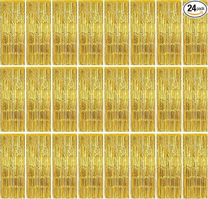 24 Pack Gold Metallic Foil Fringe Curtains, 3.2ft x 8.2ft Foil Fringe Curtain Backdrop Foil Streamers Party Supplies Tinsel Curtain Backdrop for Parties/Birthday/Halloween/Photo Booth