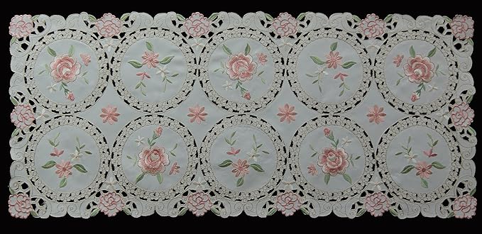 Creative Linens Embroidered Pink Rose Daisy Floral Table Runner Dresser Scarf 15x33 Ivory Spring