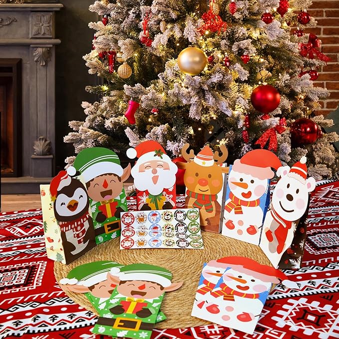 Tikitup 24PCS Christmas Treat Bags,24PcS Christmas Stickers,Xmas Cookies Wrapping Gift for Classrooms Holiday Party Supplies