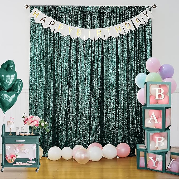 Sugargirl Dark Green Sequin Backdrop Curtain 4 Panels 2FTx8FT Glitter Dark Green Background Drapes Sparkle Photography Backdrop for Party Wedding Birthday Wall Decoration