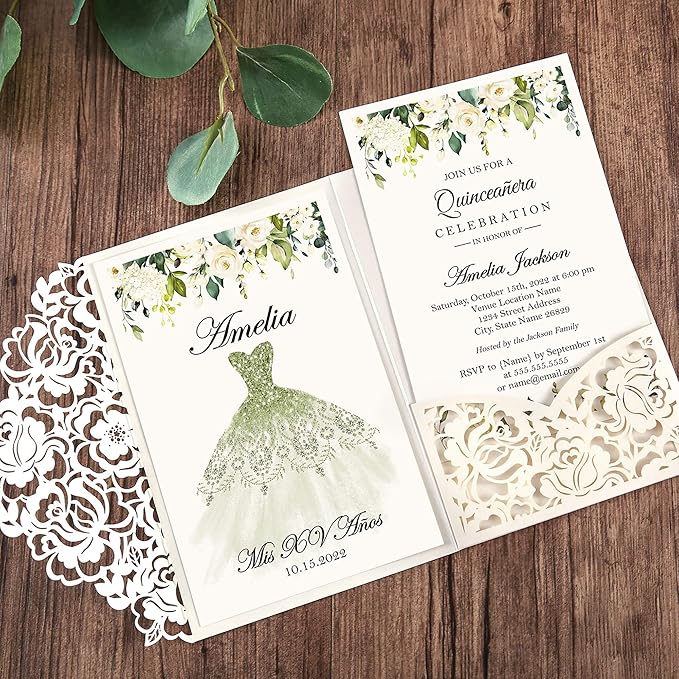 DORIS HOME 50pcs Laser Cut Quinceanera Invitations Green and Ivory White, 4.7x7.1 Personalized Quince Invitations for 15th Birthday, Invitation cards for Sweet 16 with Envelopes