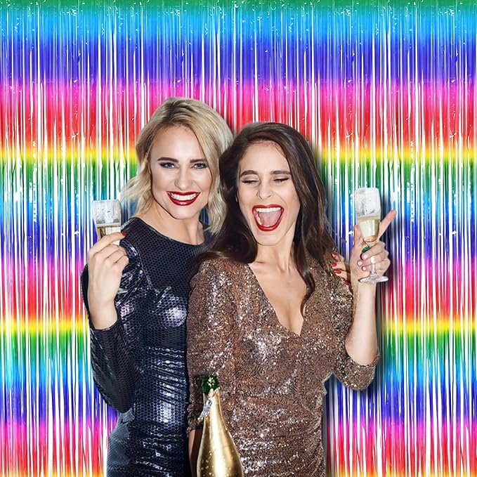 BRAVESHINE Fringe Backdrop Tinsel Foil Curtains - 2 Pack Colorful Metallic Streamers Backdrops for Doorway Decor/80's/90's/Dance/Graduates/Rainbows-Theme/Candylands/Kids Birthdays Party Decorations