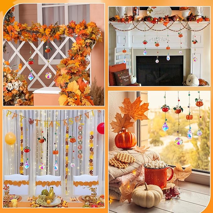 HDCRYSTALGIFTS Set 4 Fall Pumpkin Suncatchers Crystals Sun Catchers Indoor Window Hanging Thanksgiving Tree Decorations for Farmhouse Harvest Autumn Home Party Decor
