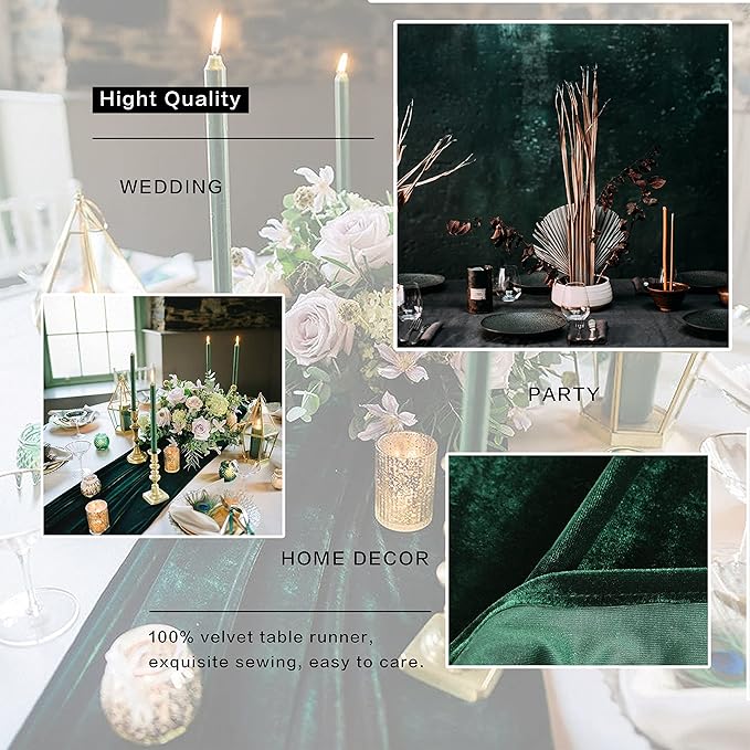 Emerald Green Velvet Table Runner, Luxurious Wedding Table Runner Decorations, 20 x 120 inch 10ft Velvet Fabric Table Linen Overlay for Party