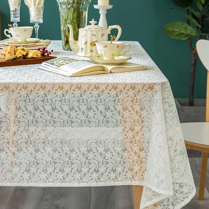 Lace Tablecloth Leaf Pattern Warp Knitting Fabric Solid White Rectangle/Oblong Table Cover for Kitchen Dining Farmhouse Wedding Party Decor Ivory, 52x70 Inch