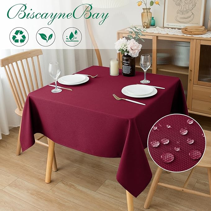 Biscaynebay Textured Fabric Christmas Square Tablecloths 54x54 Inches, Burgundy Water Resistant Tablecloths for Dining, Kitchen, Wedding, Parties etc. Machine Washable