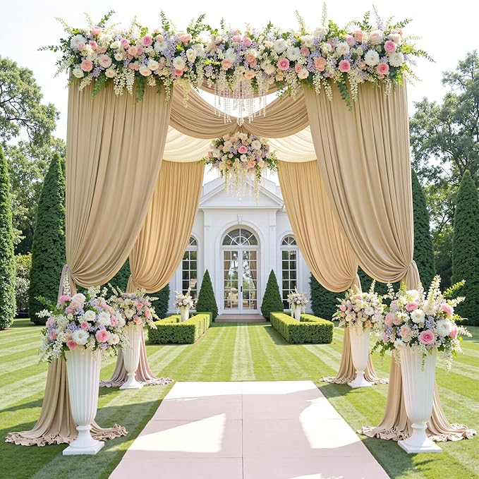 10ftx12ft Wrinkle Free Beige Backdrop Curtain, 2 Panels 12FT Height Beige Wedding Backdrop Drapes, Silky Polyester Back Drop Cloth for Birthday Photography Background Party Backdrop Draping