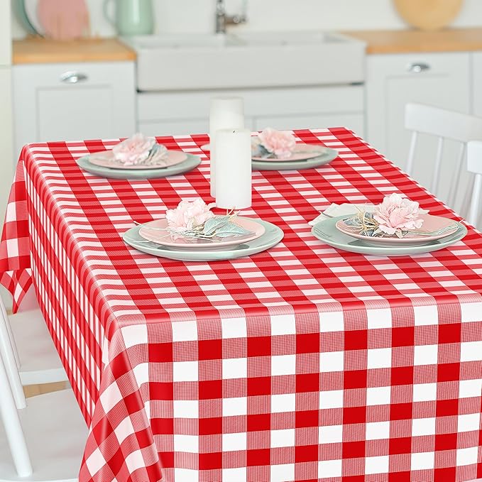 4Pack Plastic Table Cloth Ddisposable, 54" x 108" Table Cloth Rectangle Table, Waterproof Red and White Checkered Tablecloth, Outdoor Picnic Table Cover for Birthday Party Gathering Holiday Dinner