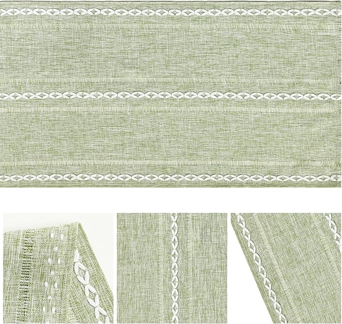 Artoid Mode Sage Green Rustic Cotton Linen Table Runner, Seasonal Embroidered Hollow Kitchen Dining Table Decoration for Home Party Decor 13x90 Inch