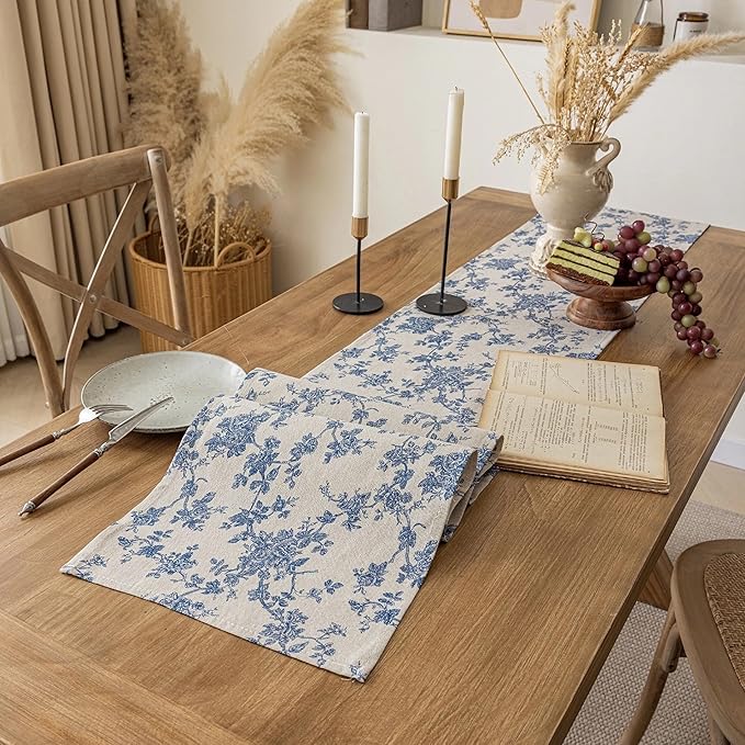 Pastoral Table Runner - 14 x 90 Inch Rectangle - Beige Linen - Washable Tabletop with Dust-Proof Wrinkle Resistant for Restaurant, Picnic, Indoor and Outdoor Dining, Floral (Dark Blue)