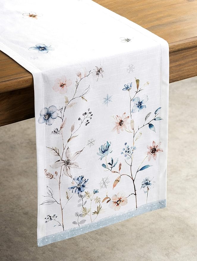 Maison d' Hermine Table Runner 100% Cotton Single Layer Table Runners 36 inches Long for Thanksgiving Christmas Decorations Home Kitchen Dining Party Wedding (Ice Florals, 14.5" x 36")