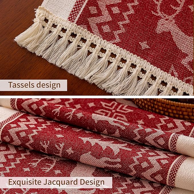 Table Runners 48 Inches,Elk Table Runner with Tassel Fringe,Christmas Table Runner for Party，Coffee Table, Festival