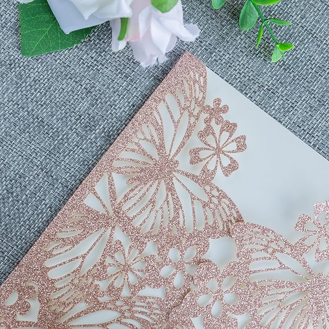 20 PCS 5.12x7.2 Butterfly Personalized Quinceanera Invitation, Customized XV Anos Laser Cut Invitation Cards with Envelopes (Rose Gold Personalized)