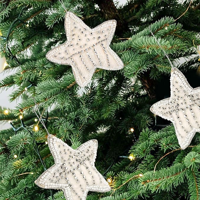 Beaded Star Hanging Ornaments with Twine - Beaded Decorative Ornaments Set of 6 for Tabletop Decoration, Bookshelf, Desk, Nightstand, Home, Office, Desktop, Cabinets, Shelf (White) - CLEENTABLE
