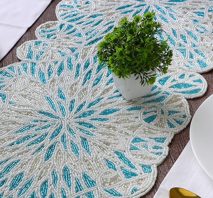 Handcrafted Beaded Table Runner – Elegant, Stain-Resistant Glass Bead & Polyester Glitz Accent for Farmhouse, Wedding, Bridal Shower, Dinner Table & Holiday Decor (Sky Blue White) - CLEENTABLE