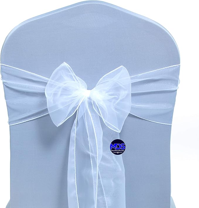 MDS Pack of 10 PCS Organza Chair Sashes Wider Dining Chair Bows Ribbon Tie Back for Wedding Party Birthday Bridal Shower Reception Event Banquet Home Chair Cover Decoration - White