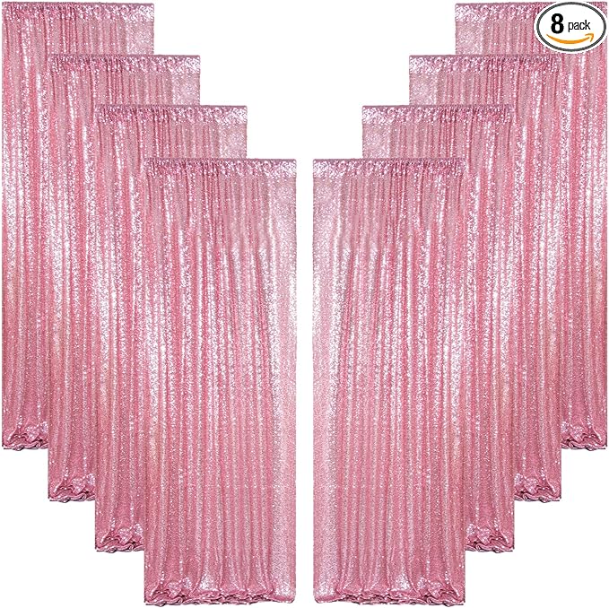 ShinyBeauty Rose Pink Backdrop 2FTx8FT Sequin Backdrops 8 Panels Photo Backgrounds Shimmer Background Sparkly Curtains 16Ftx8FT for Birthday Wedding Party Decor