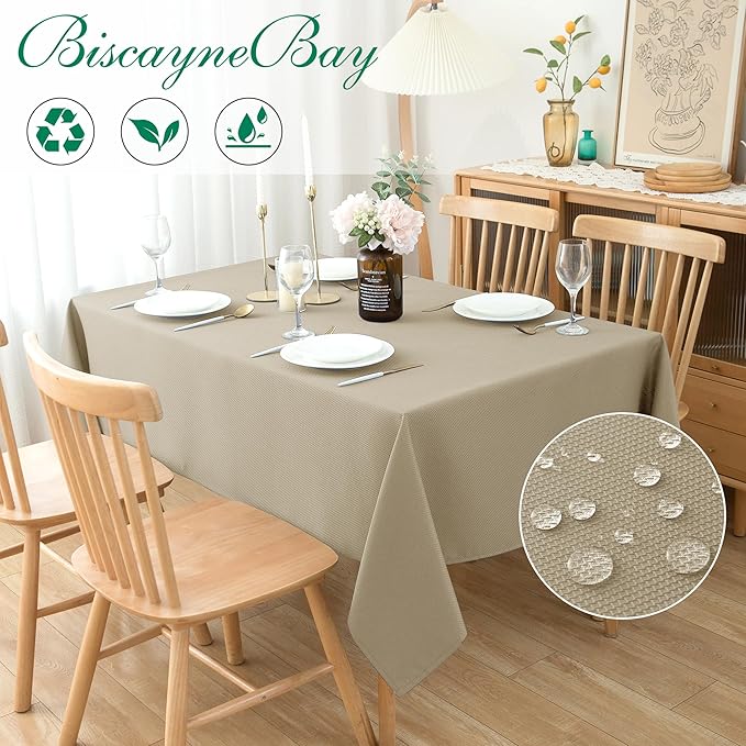 Biscaynebay Textured Fabric Tablecloths 60x84 Inch Rectangular, Natural Water Resistant Tablecloths for Dining, Kitchen, Wedding, Parties etc. Machine Washable