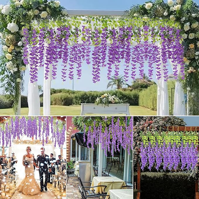 24Pack Purple Wisteria Hanging Flowers, 3.44 Ft Fake Hanging Flowers, Artificial Wisteria Garland Vines for Wedding Room Backdrop Outdoor Patio Garden Decoration