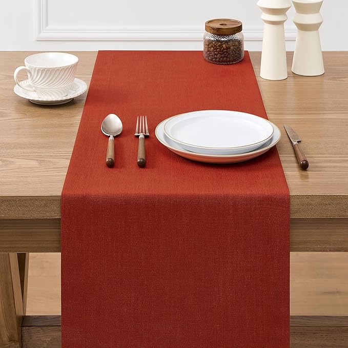 ZeeMart Linen Textured Border Table Runner, 14 x 36 Inch Orange, Farmhouse Style Burnt Orange Fall Table Runners 36 Inches Long, Easy Care Everyday Polyester Table Runner