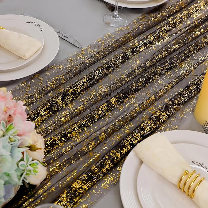 Snowkingdom 10 Pcs Black & Gold Cheesecloth Table Runner 10 FT, Sheer Chiffon Sparkle Gauze Mesh Runners 120 Inch, Glitter Table Centerpieces Decoration for Birthday Party Wedding Christmas Halloween
