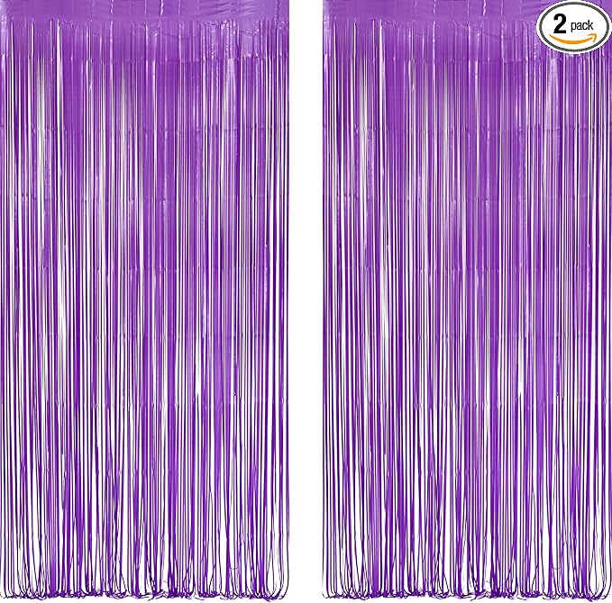 Purple Foil Fringe Party Backdrop - GREATRIL Party Streamers for Mermaid/Butterfly/Wednesdays/Star Birthdays Party Decoration - 3.2ft X 8.2ft - 2 Packs
