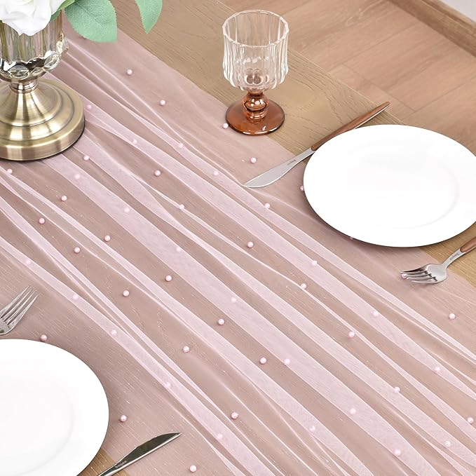 Joanlody Fall Pearl Table Runner 10ft Rustic Boho Tulle Table Runner with Pearls for Baby Shower Wedding Party Veil Dessert Thanksgiving Table Decor Pink