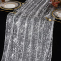 LOMOHOO 10 Ft Silver Table Runner, Silver Sheer Sequin Table Runners 120 Inches Long Glitter Metallic Foil Lace Fabric Table Decor for Birthday Party Wedding Anniversary Centerpiece (4pcs)