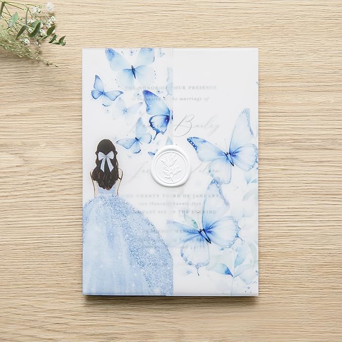 PONATIA 50 PCS Vellum Jackets for 5x7 Invitations - Vellum Paper 5x7 Jackets - 135GSM Blue Girl Butterfly Quinceanera Invitations Wraps - Transparent Cards