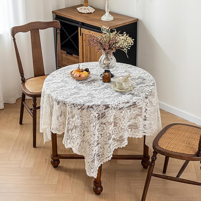 Lace Embroidered Tablecloth. Square Lace Vintage Tablecloth Dustproof Table Protector for Kitchen Dining Room Party Banquet Home Picnic Wedding Decoration (Creamy White 35.5×53 inch)
