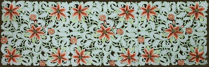 Creative Linens Embroidered Lily Daisy Floral Table Runner 15x52 Ivory Dresser Scarf