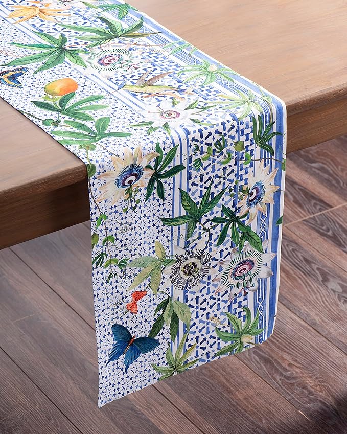 Maison d' Hermine Table Runner 100% Cotton Single Layer Table Runners 108 inches Long Decorative for Home Kitchen Dining Party Wedding Bridal Shower Spring Summer (Passiflora, 14.50" x 108")