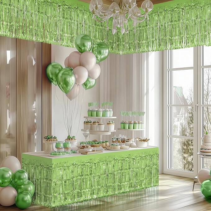 4 Pack Light Green Table Skirts, 29x108" Metallic Foil Tinsel Fringe Table Skirts for Rectangle Tables Streamer Curtains Backdrop, Party Decorations for Birthdays Weddings Holidays