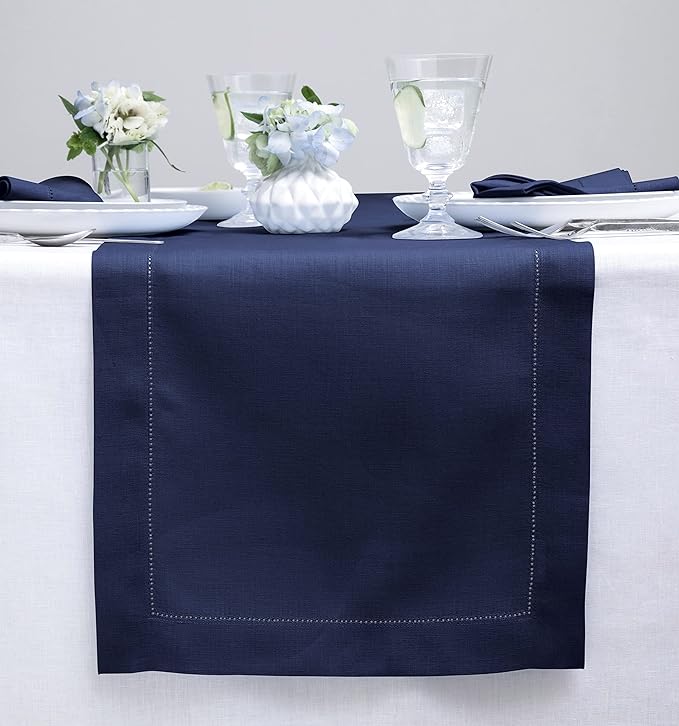Solino Home Linen Navy Blue Table Runner 132 Inches Long - 100% Pure Linen Extra Long Table Runner 14 x 132 Inch for Fall, Autumn, Thanksgiving, Christmas - Classic Hemstitch